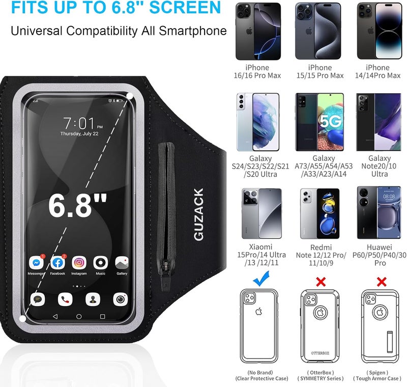 Guzack Running Phone Holder with Zipper Pouch, Running Armband for iPhone 17/16/15/14/13 Pro Max/Plus, Galaxy S25/S24/S23/S22, Cell Phone Arm Holder with Card Slot - Size L (Bigger Arm 14-17 in) - Image 3